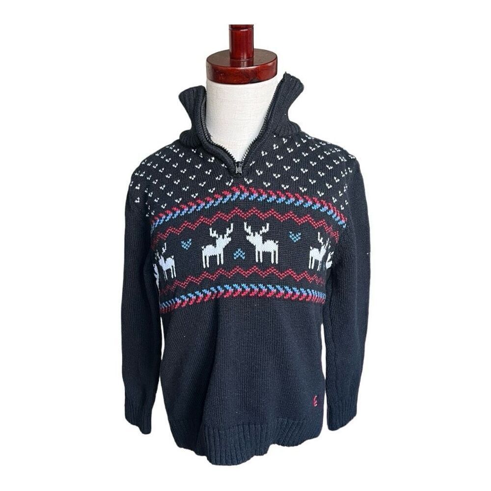 Youth Boys Izod Nordic Fair Isle Reindeer 1/4 Zip Cabin Sweater - Sz XS 4/5